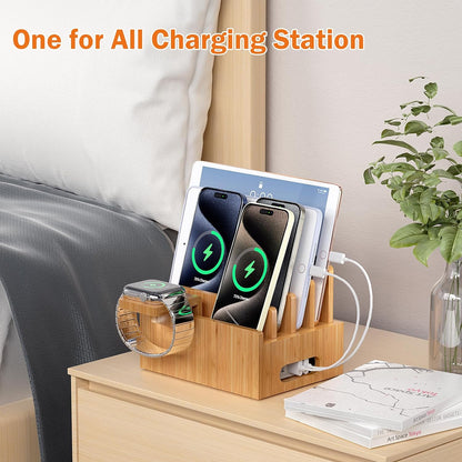 Bamboo Charging Station for Multi-Device with 4 Slots, Charging Dock Stand Compatible with Cellphone, Tablet, Watch (Include 6 Charger Cables, Watch Stand, NO USB Charger)