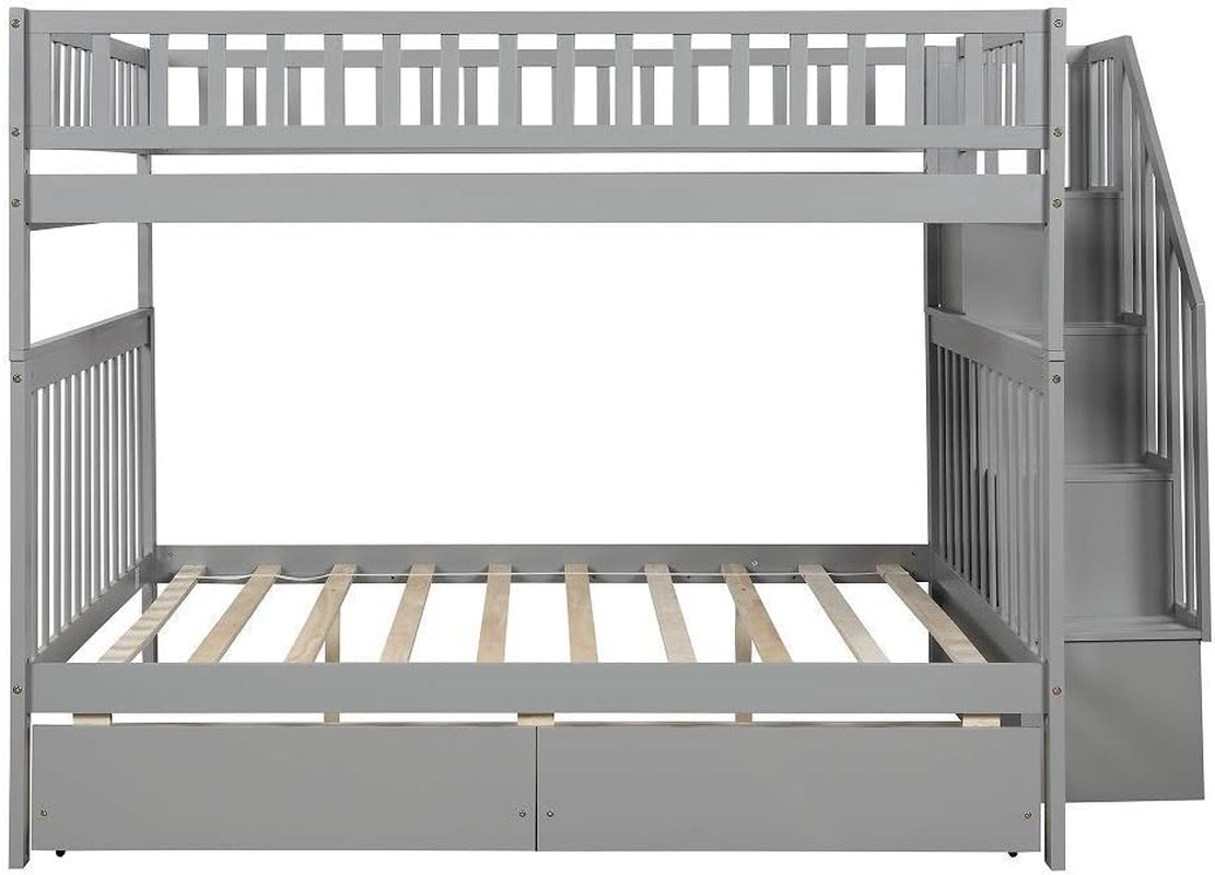 Bunk Beds Full over Full Size, Solid Wood Full Bunk Beds with Drawers and Stairway, Full Length Guardrail, No Box Spring Needed (Grey Full over Full Bunk Beds)