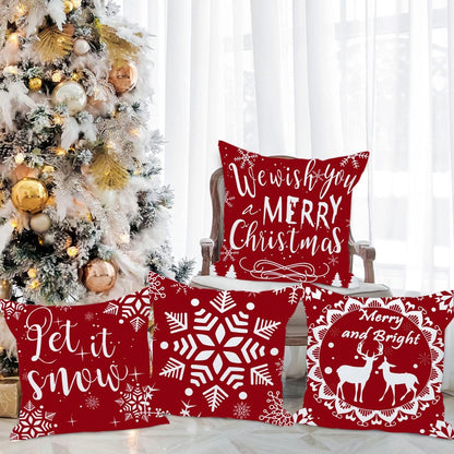 Set of 4 Merry Christmas Deer Snowflake Pine Tree Castle Sled Forest Pattern Red Cotton Linen Square Throw Waist Pillow Case Decorative Cushion Cover for Couch Sofa 22X22 Inches