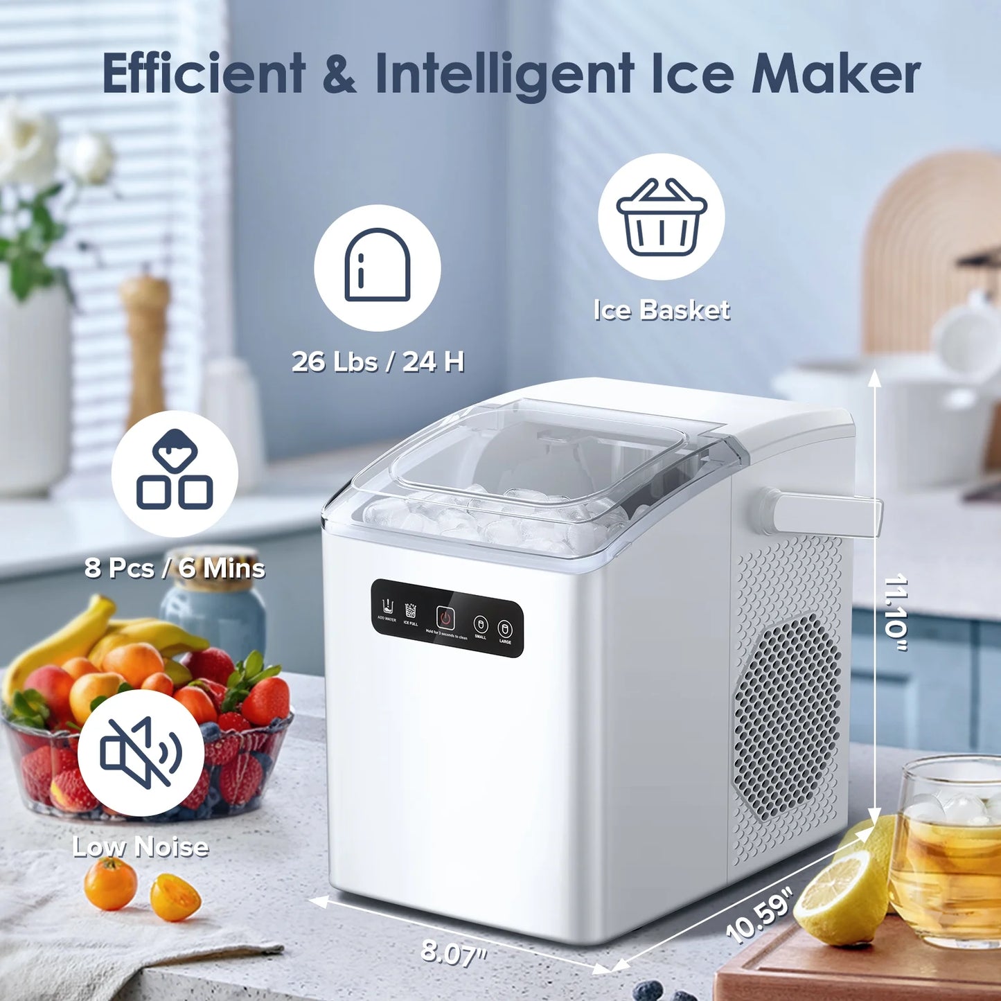 Countertop Portable Ice Maker, Self-Cleaning with Handle, Ice Scoop, 2 Sizes of Bullet Ice Cubes, for Home/Kitchen/Office-Black